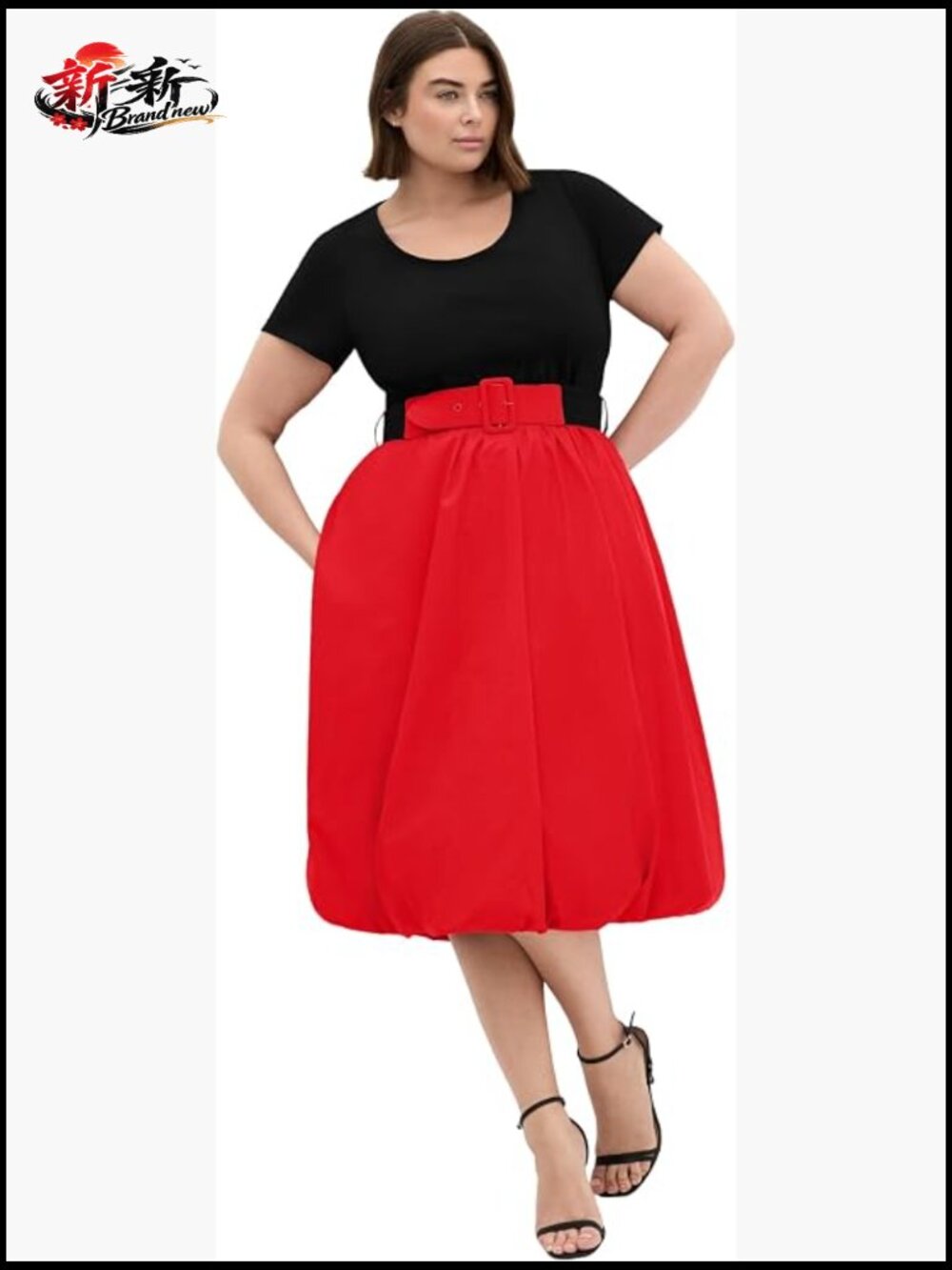 Plus Size Skater Midi Dress with Pockets and Belt